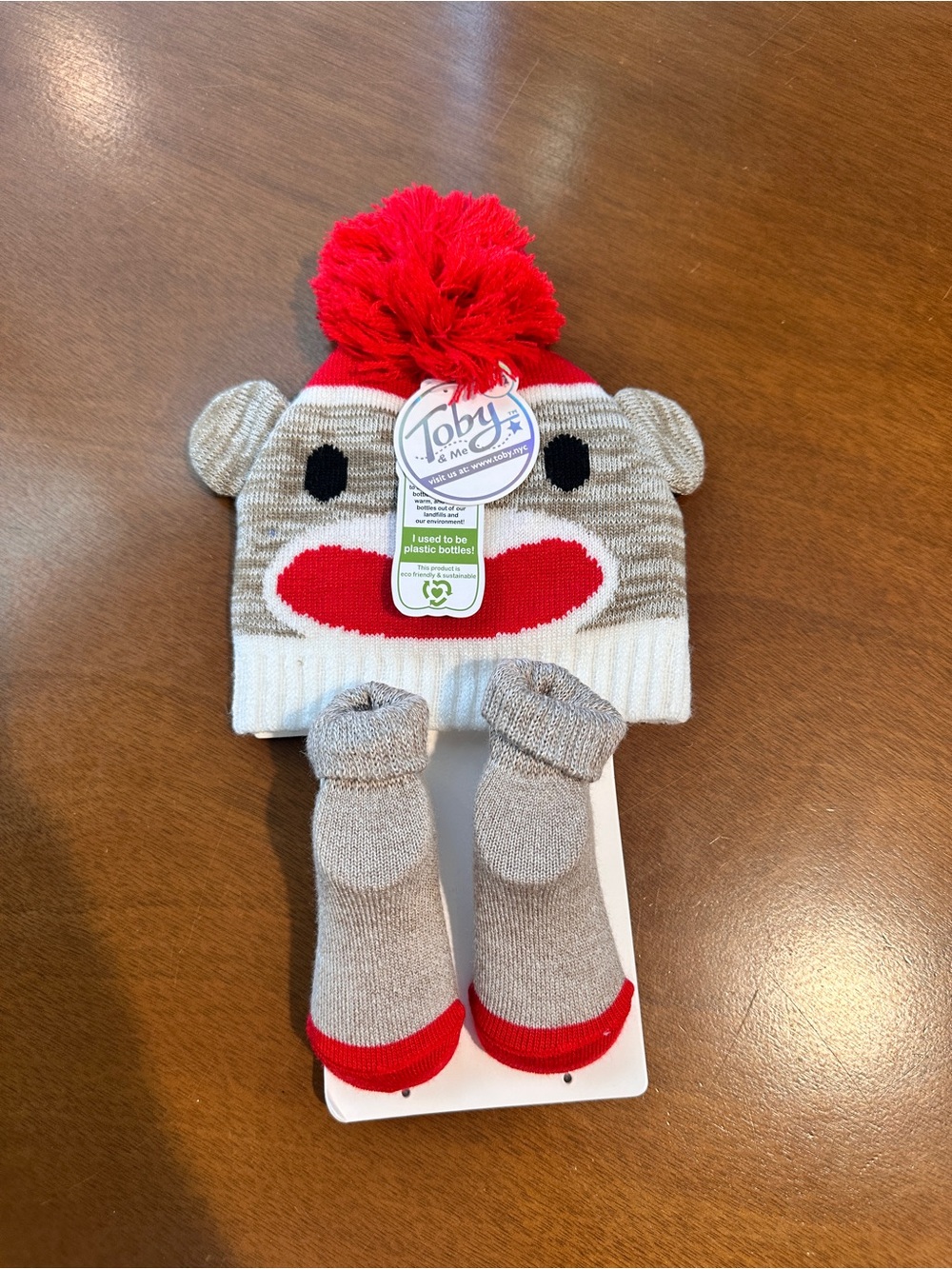 Red Pom Sock Monkey Hat and Sock Set - Gray/Red